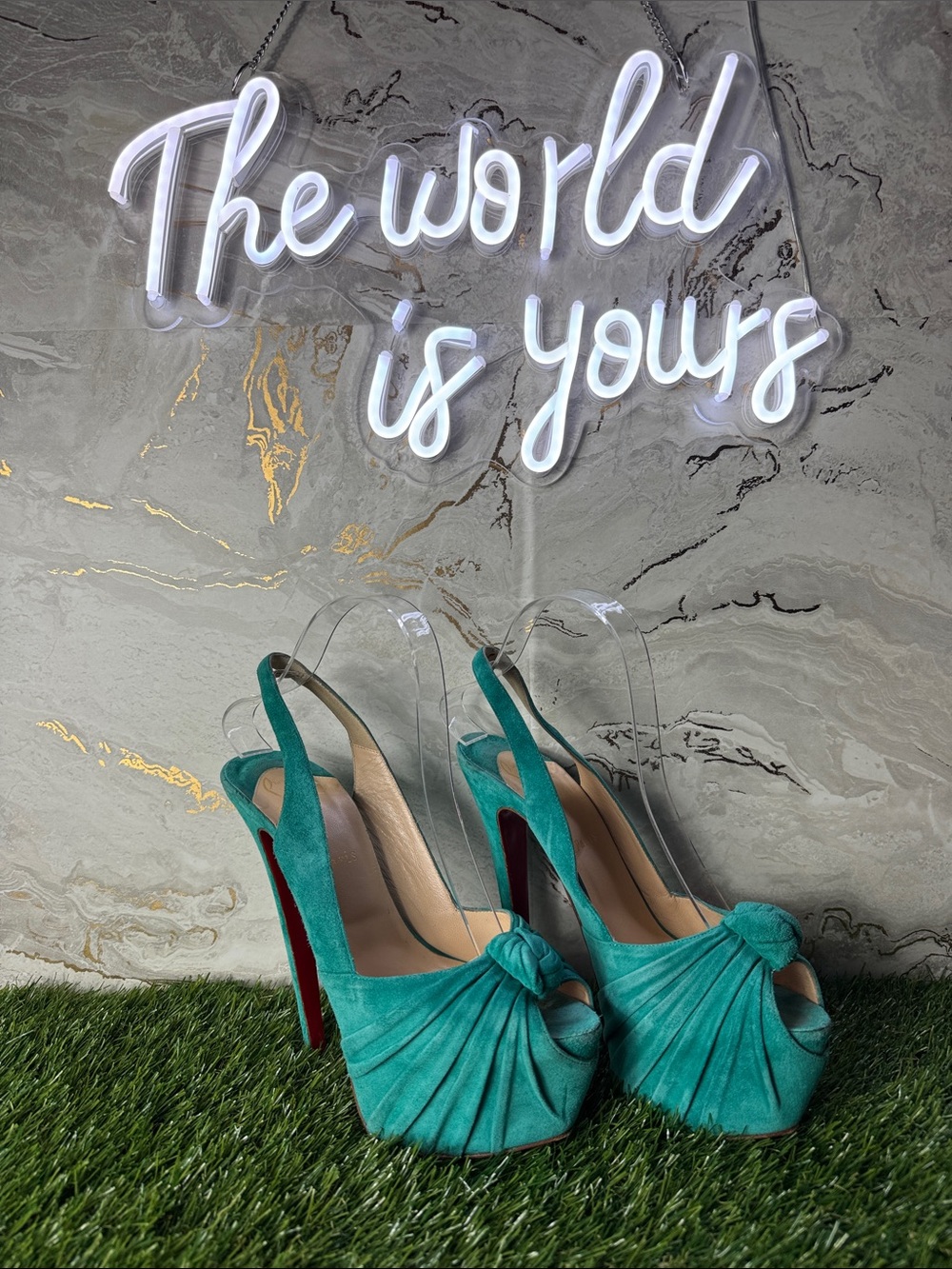 Christian Louboutin Miss Benin Teal Knotted Peep-Toe Platform Slingback 39.5